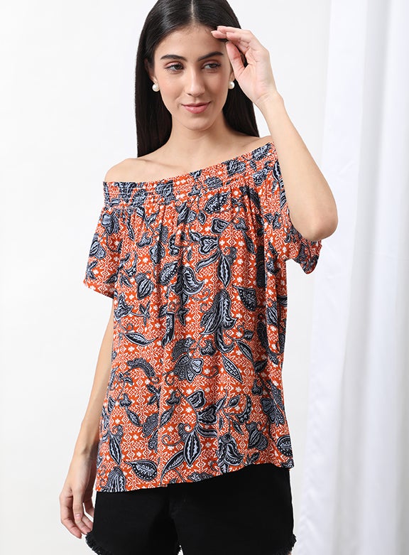 OFFROAD Casual Off Shoulder Floral Blouse Top Aop Orange  - Image 1