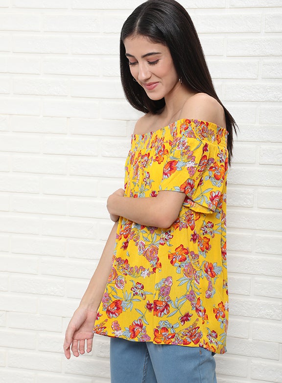 OFFROAD Casual Off Shoulder Floral Blouse Top Aop Yellow Multicolour  - Image 1