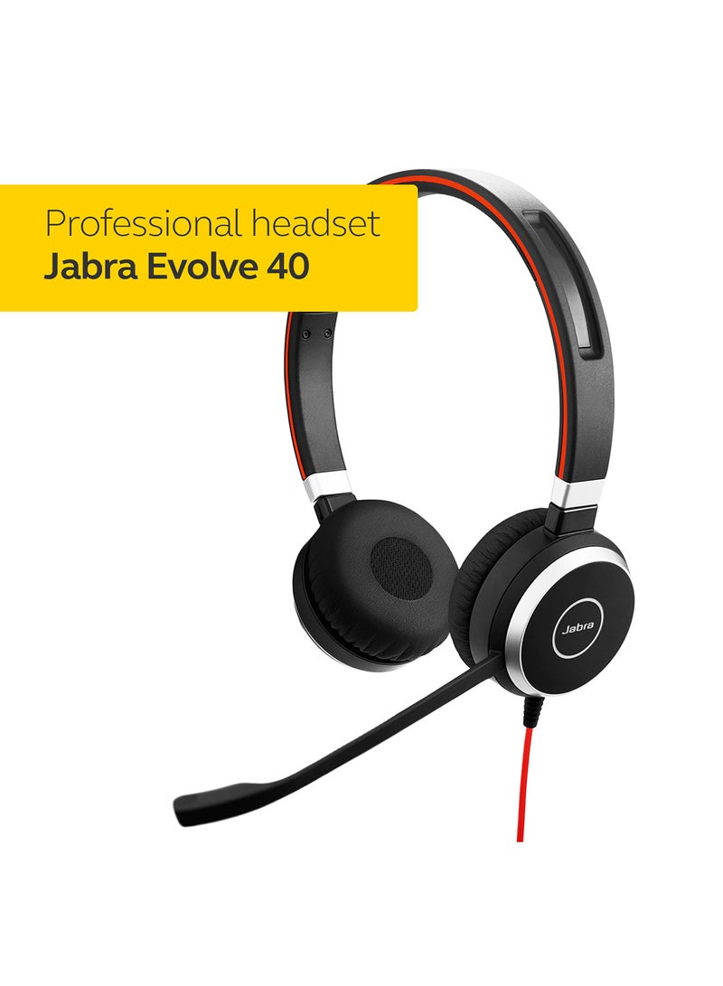 Jabra - Evolve 40 Stereo Headset - Unified Communications Headphones For VoIP Softphone with Passive Noise Cancellation - USB-Cable with Controller Black/Red - Image 1