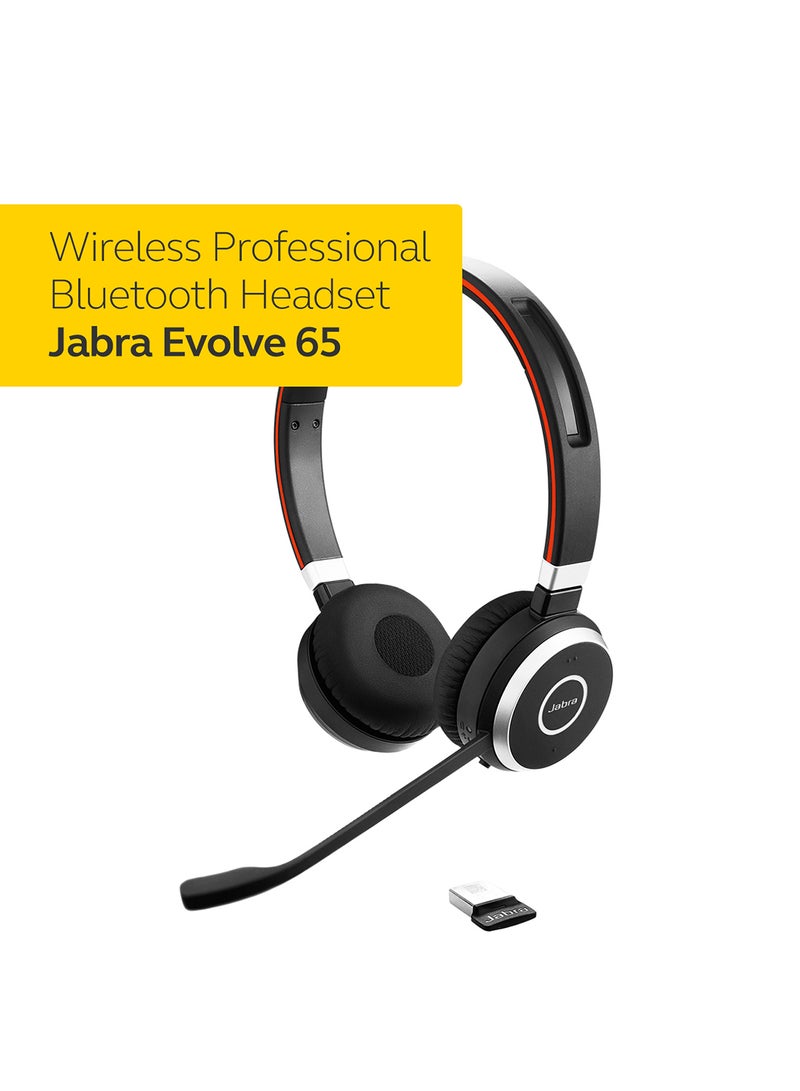 Jabra Evolve 65 Wireless Stereo On-Ear Headset - Microsoft Certified Headphones with Long-Lasting Battery - USB Bluetooth Adapter Black/Red - Image 2