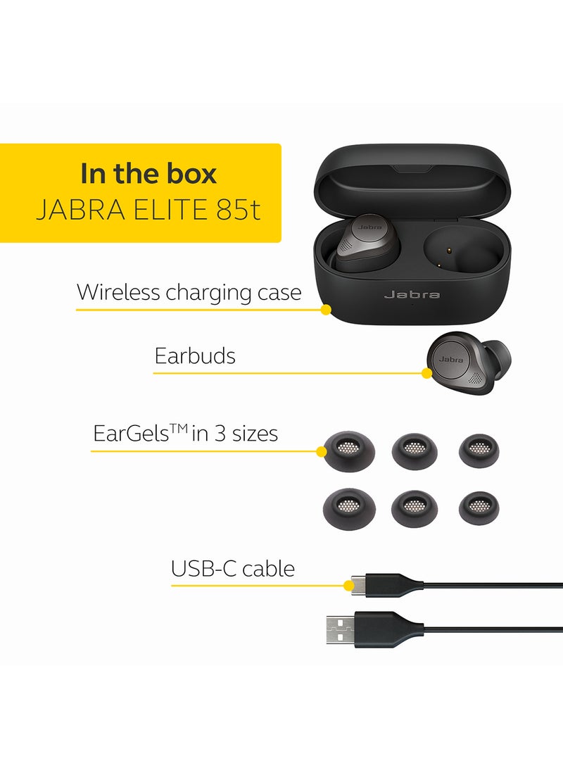 Elite 85t True Wireless Earbuds - Advanced Active Noise Cancellation with Long Battery Life and Powerful Speakers - Wireless Charging Case Titanium Black