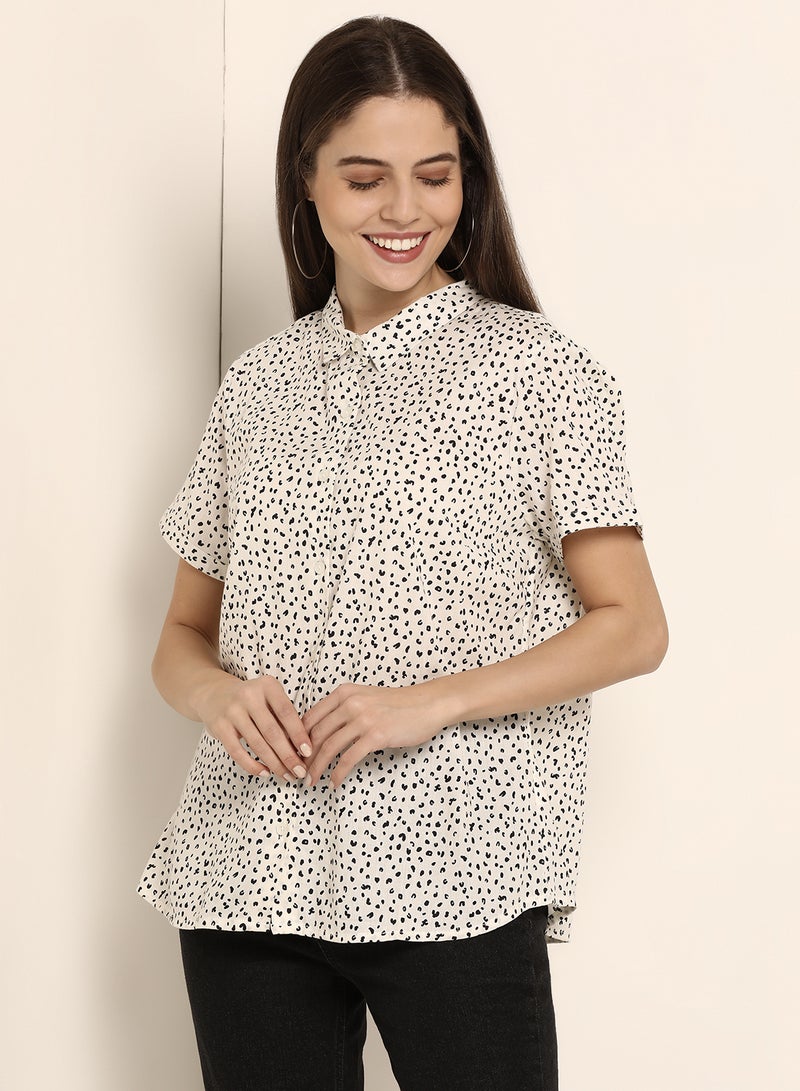ABOF Printed Relaxed Fit Collared Neck Short Sleeve Shirt White/Black  - Image 1