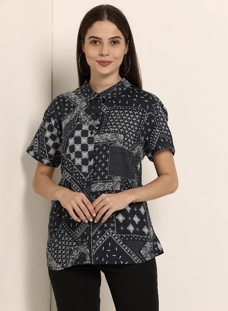 ABOF Printed Regular Fit Collared Neck Short Sleeve Shirt Black/White  - Image 1
