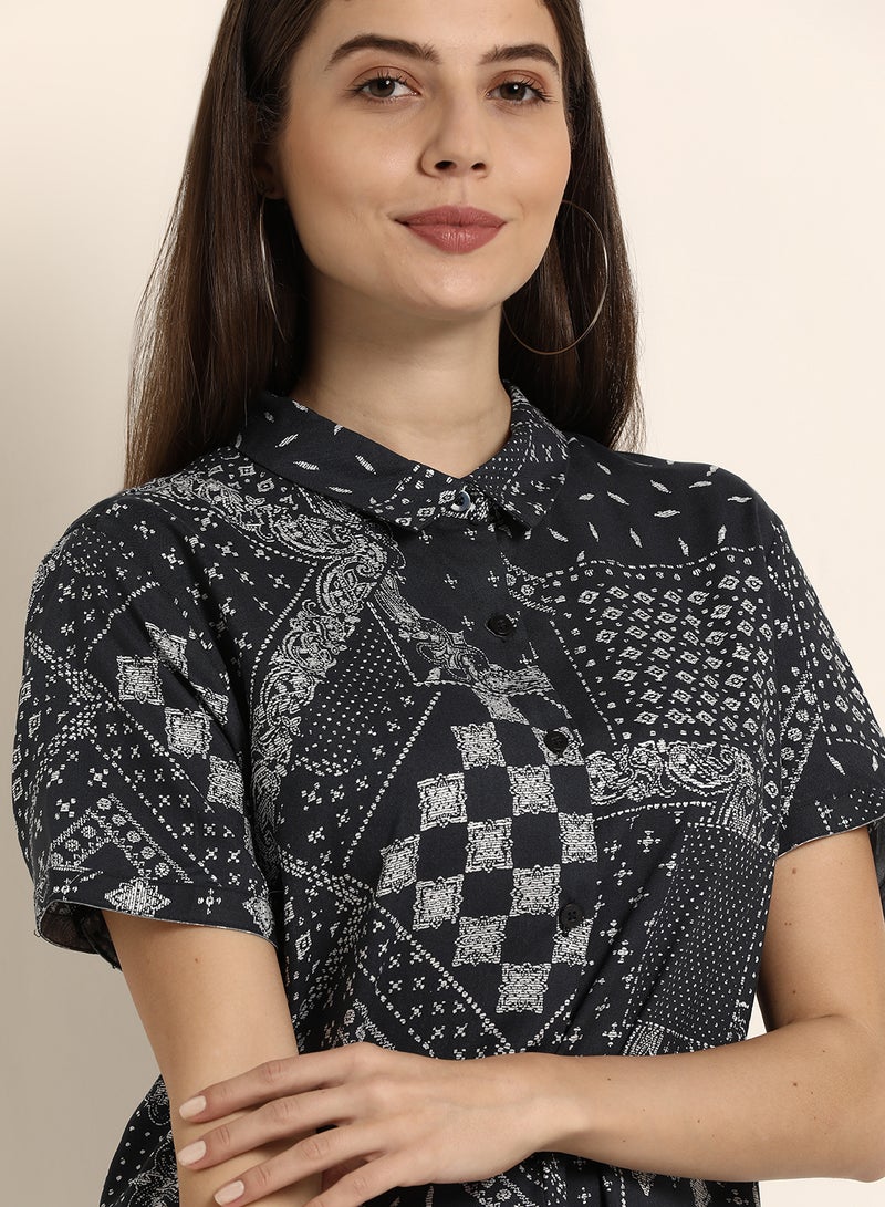 ABOF Printed Regular Fit Collared Neck Short Sleeve Shirt Black/White  - Image 3