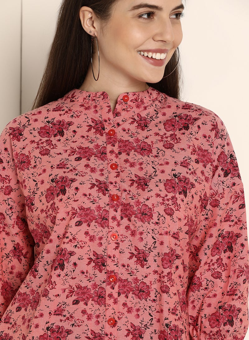 ABOF Floral Printed Regular Fit Mandarin Neck Shirt Pink  - Image 3