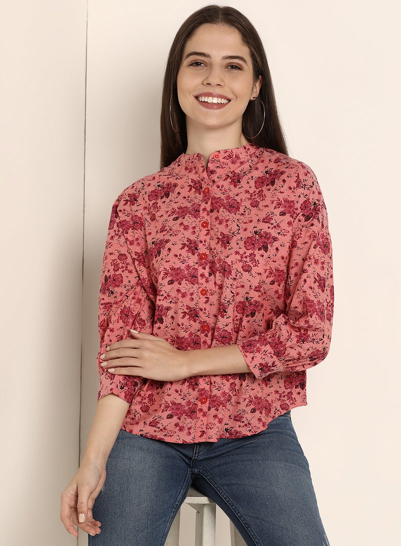 ABOF Floral Printed Regular Fit Mandarin Neck Shirt Pink  - Image 1