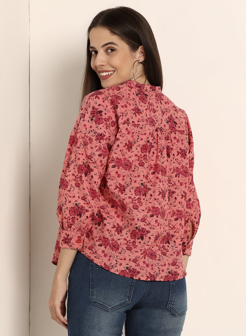 ABOF Floral Printed Regular Fit Mandarin Neck Shirt Pink  - Image 2