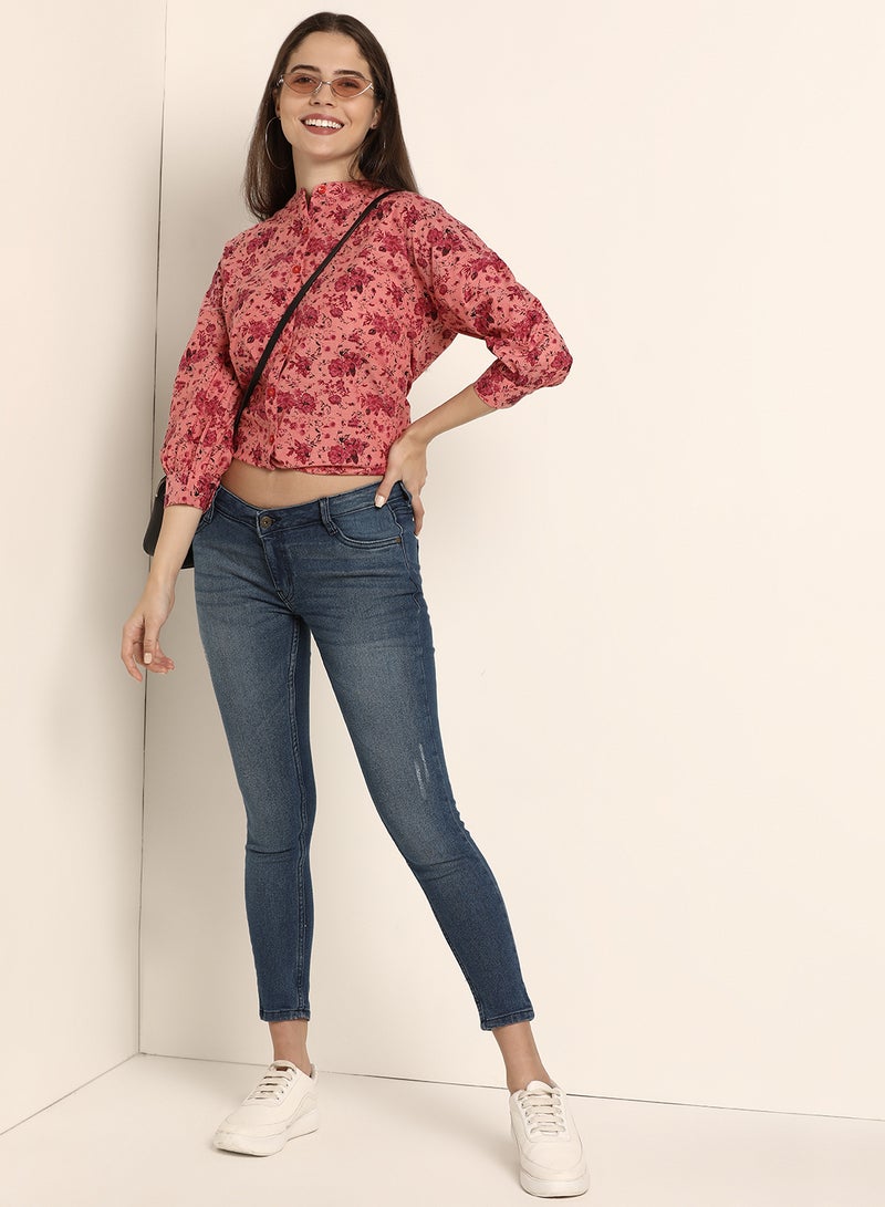 ABOF Floral Printed Regular Fit Mandarin Neck Shirt Pink  - Image 4