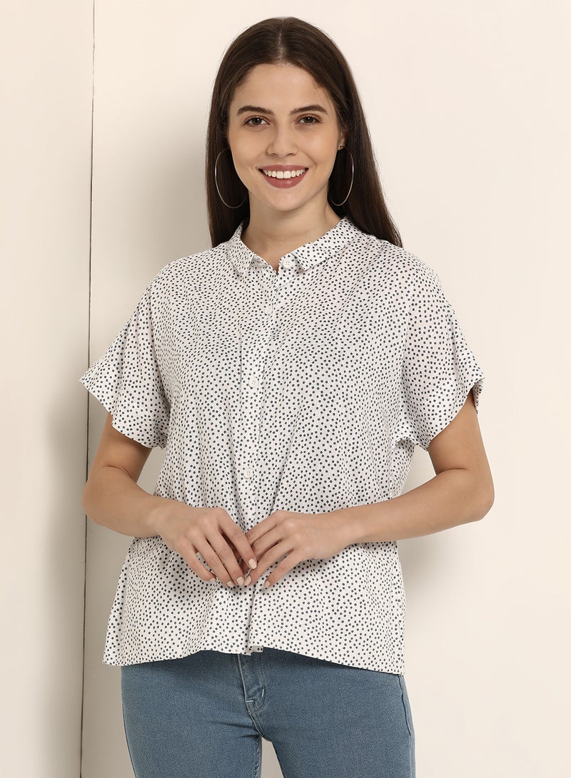 ABOF Printed Collared Neck Relaxed Fit Short Sleeve Shirt White/Black  - Image 1