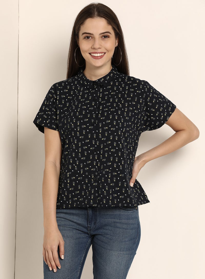 ABOF Printed Relaxed Fit Collared Neck Short Sleeve Shirt Black - Image 1
