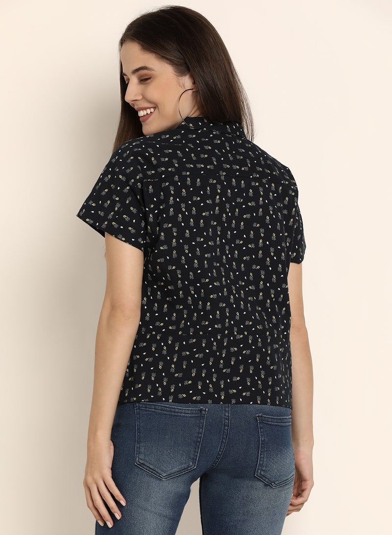 ABOF Printed Relaxed Fit Collared Neck Short Sleeve Shirt Black - Image 2
