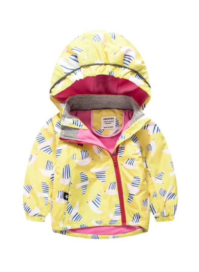 Birds Printed Zipper Hooded Neck Jacket Yellow/White/Blue - Image 1