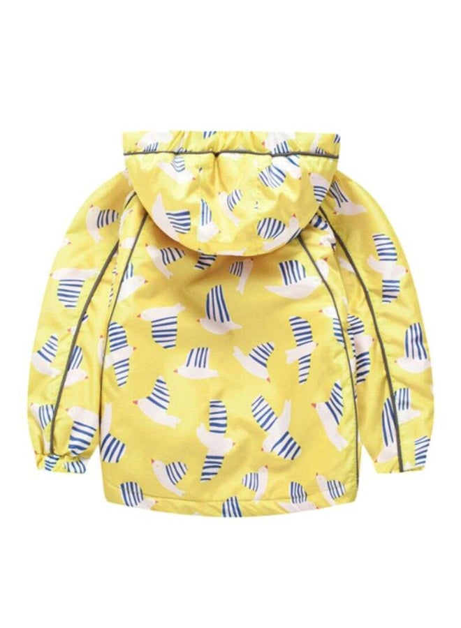 Birds Printed Zipper Hooded Neck Jacket Yellow/White/Blue - Image 2