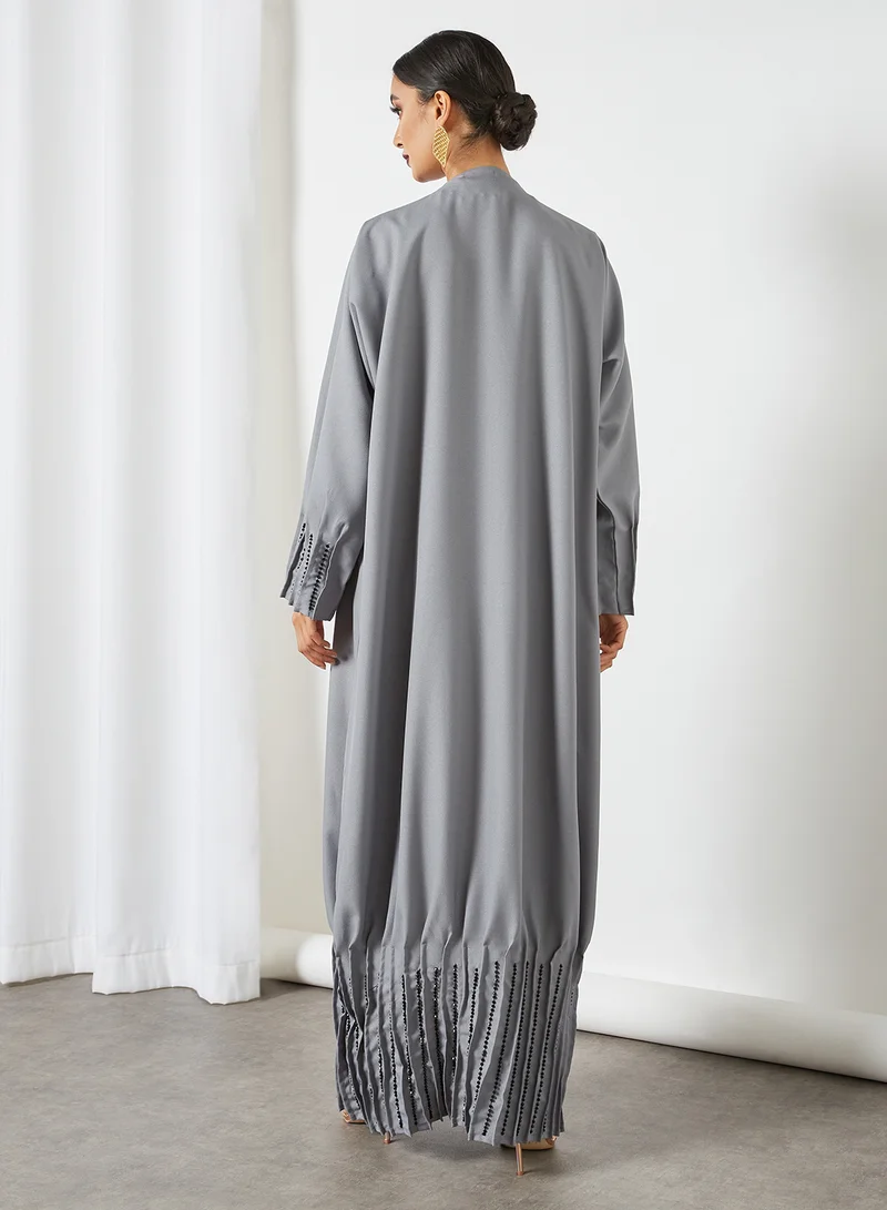 Ajooni Pleat Detail Embellished Abaya Grey
