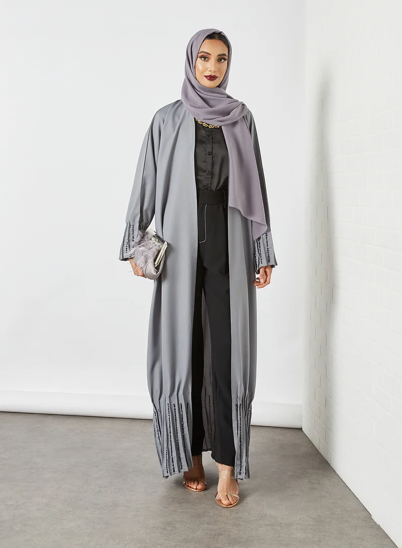 Ajooni Pleat Detail Embellished Abaya Grey
