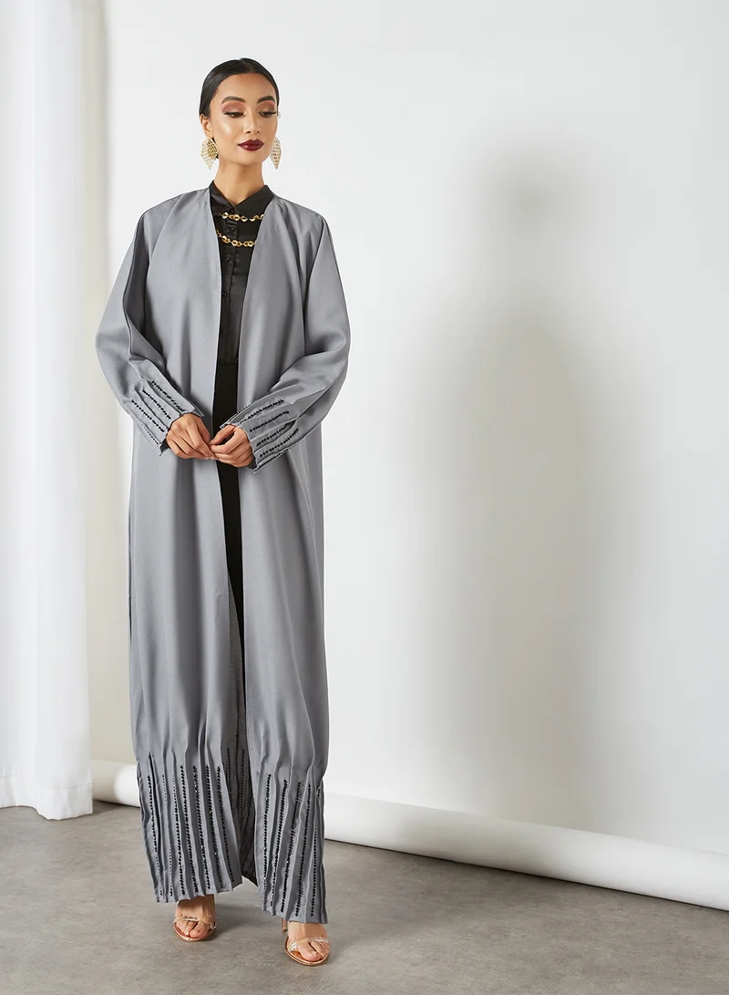 Ajooni Pleat Detail Embellished Abaya Grey