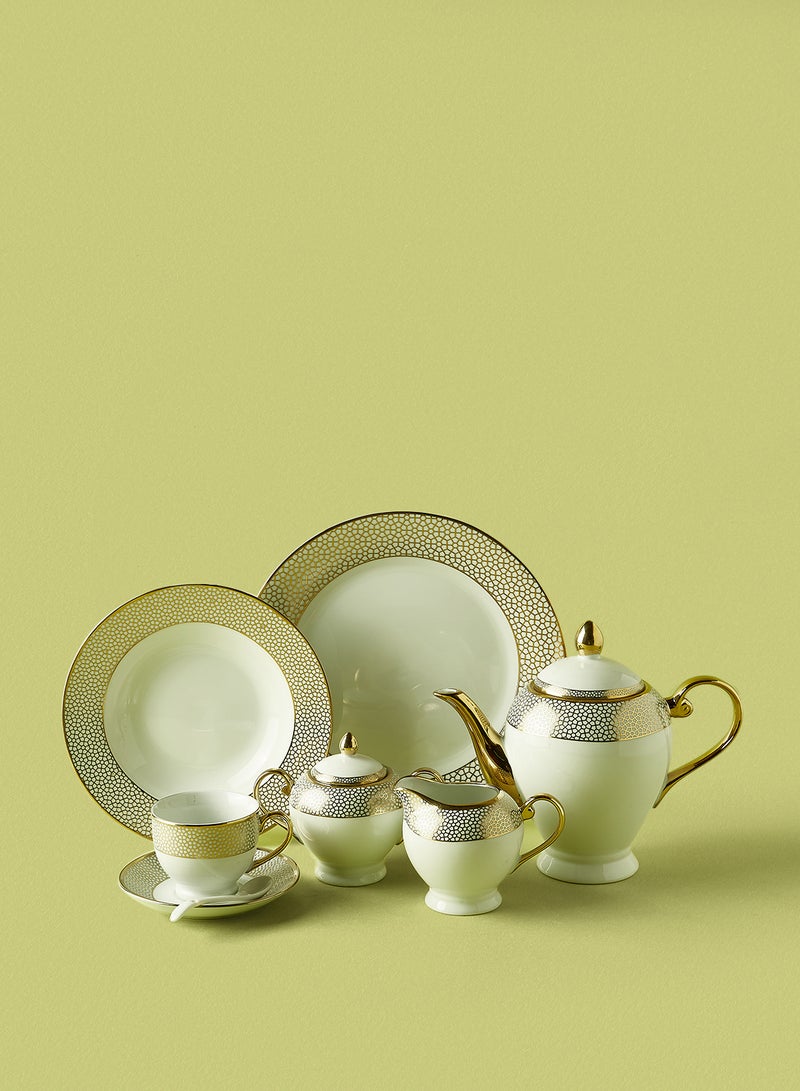 Noon East 56 Piece Porcelain Dinner Set - Dishes, Plates - Dinner Plate, Side Plate, Bowl, Cups, Serving Dish And Bowl - Serves 6 - Festive Design White/Gold Honeycomb White/Gold Honeycomb - Image 2