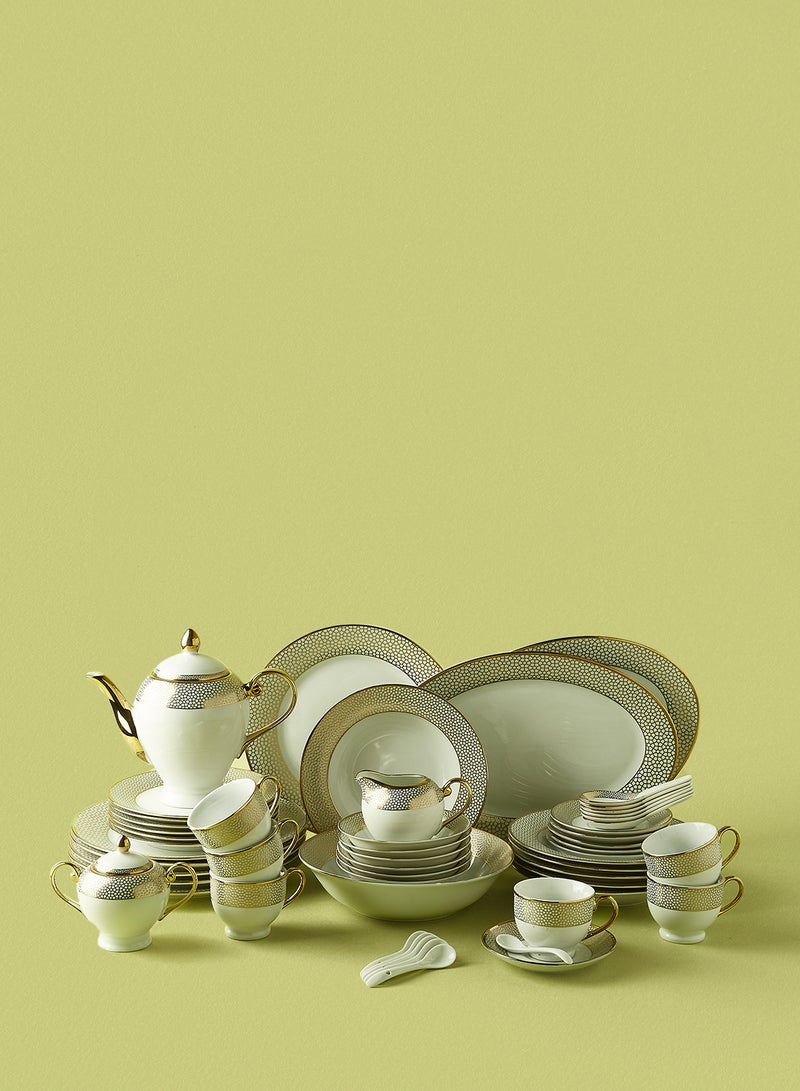 Noon East 56 Piece Porcelain Dinner Set - Dishes, Plates - Dinner Plate, Side Plate, Bowl, Cups, Serving Dish And Bowl - Serves 6 - Festive Design White/Gold Honeycomb White/Gold Honeycomb - Image 1