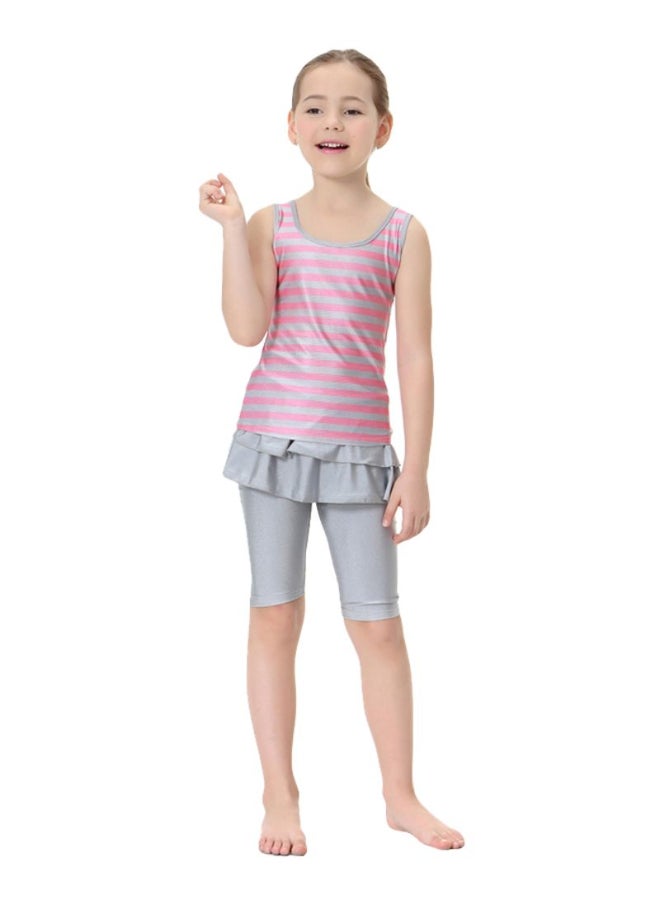 Striped Pattern Top And Shorts Swimsuit Set Pink/Grey  - Image 1