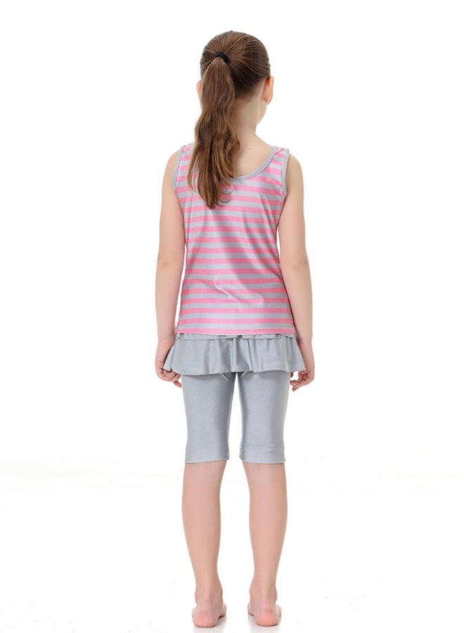 Striped Pattern Top And Shorts Swimsuit Set Pink/Grey  - Image 2