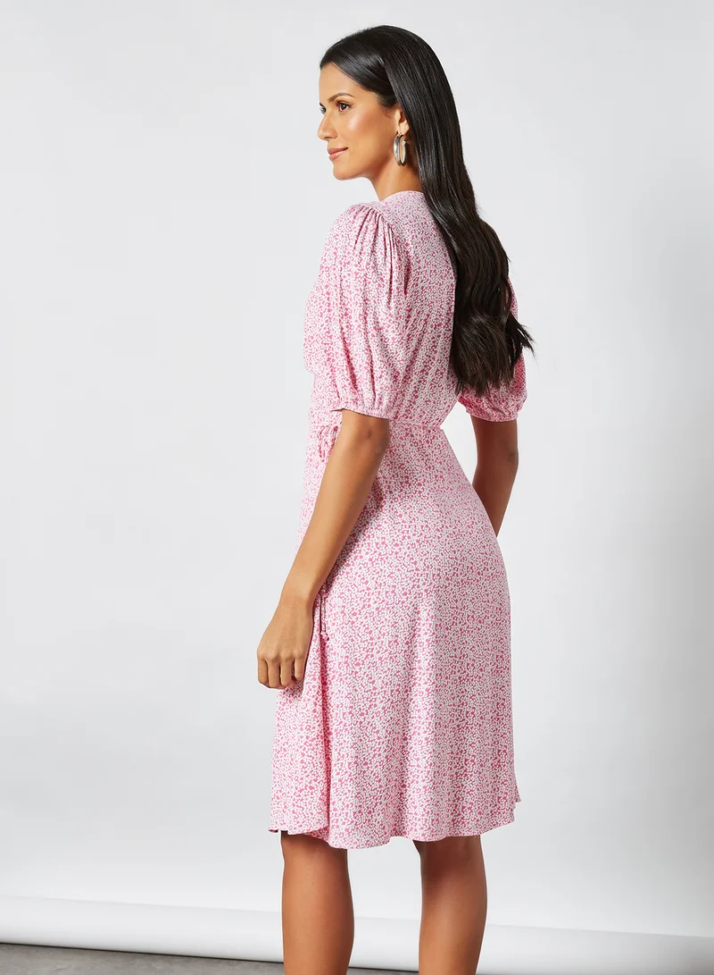 VERO MODA Ditsy Print Wrap Dress Shocking Pink
