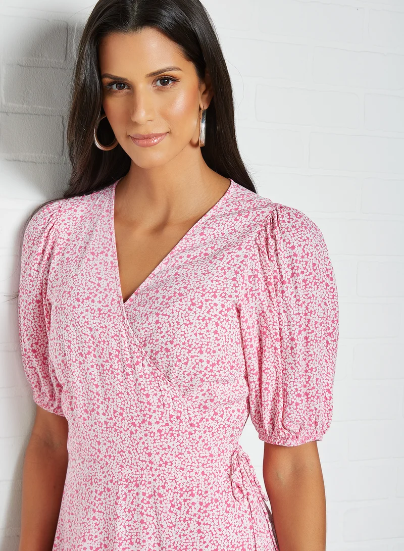 VERO MODA Ditsy Print Wrap Dress Shocking Pink