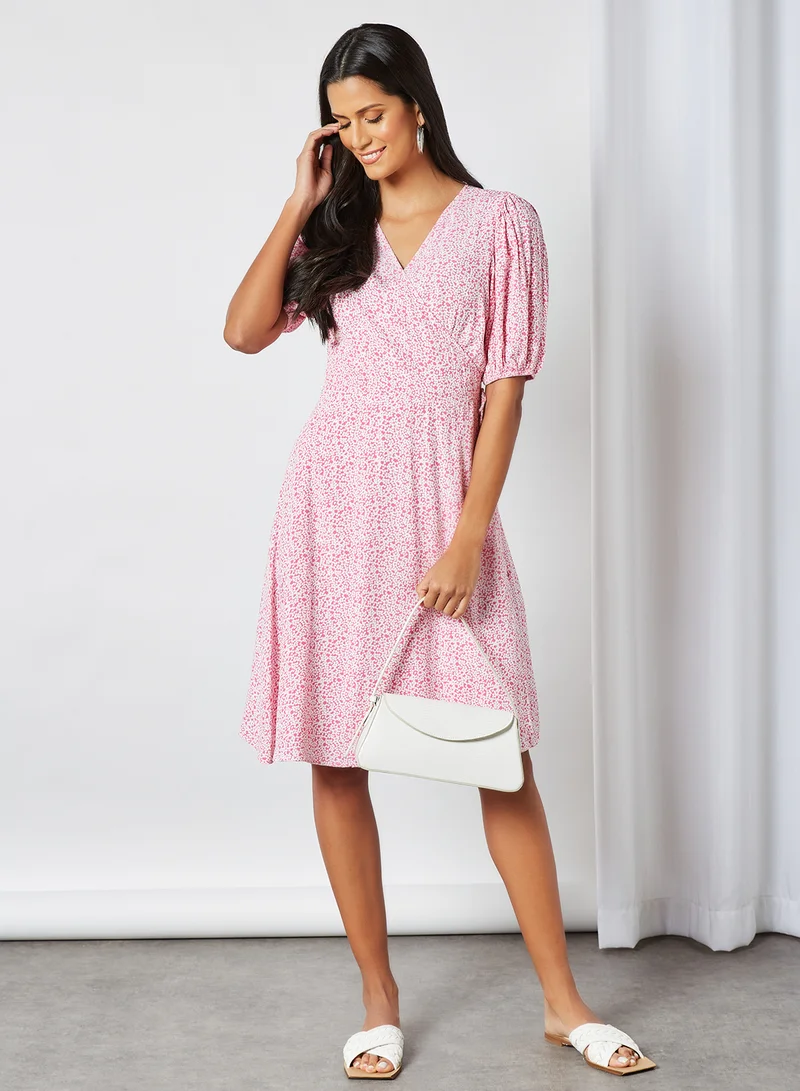 VERO MODA Ditsy Print Wrap Dress Shocking Pink