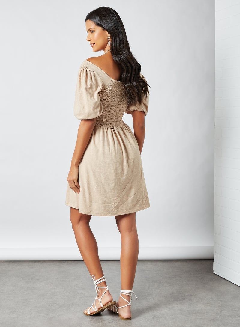 VERO MODA - Smock Mini Dress Beige - Image 1