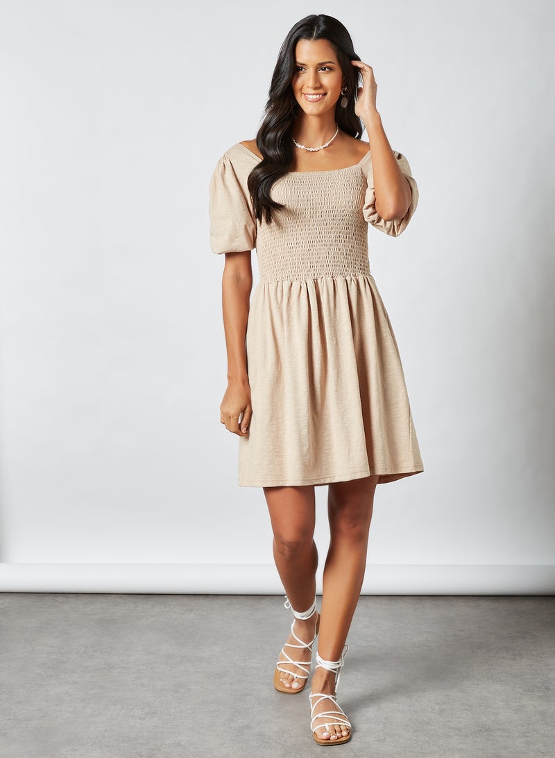 VERO MODA - Smock Mini Dress Beige - Image 1