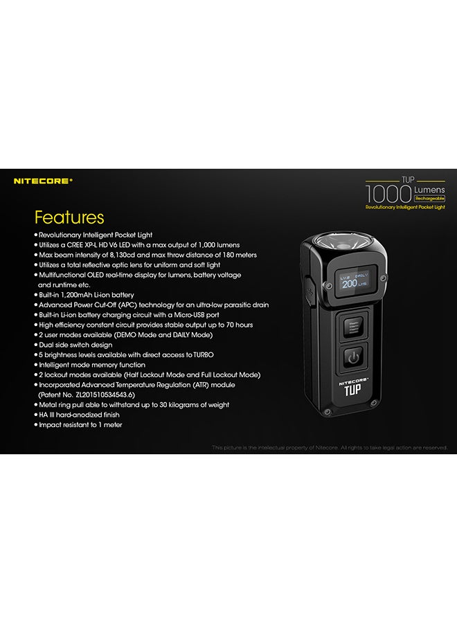NITECORE - TUP Mini Torch - 1000 Lumens LED - Keyring with OLED Display - Rechargeable Battery with 5 Modes 2.77x1.16x1.03inch - Image 1