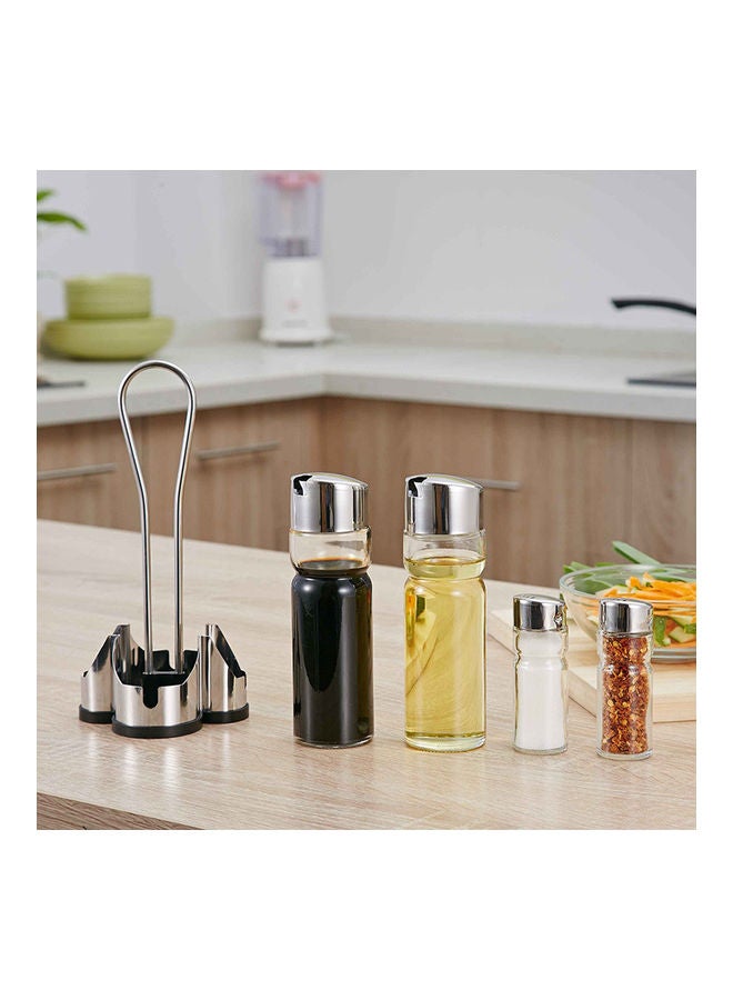 3-Piece Seasoning Bottle Set with Caddy Stand Silver/Clear  - Image 3