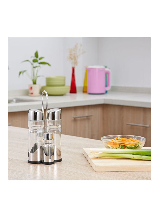 3-Piece Seasoning Bottle Set with Caddy Stand Silver/Clear  - Image 5