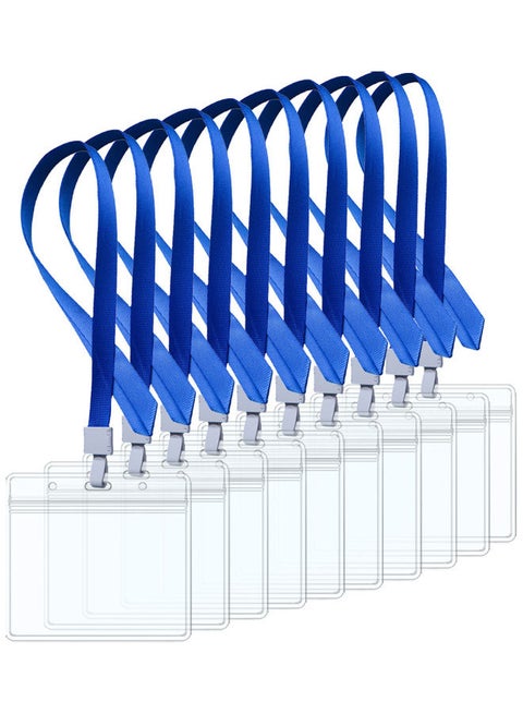 10-Piece Card Holder Protective Cover With Neck Lanyard Clear/Blue