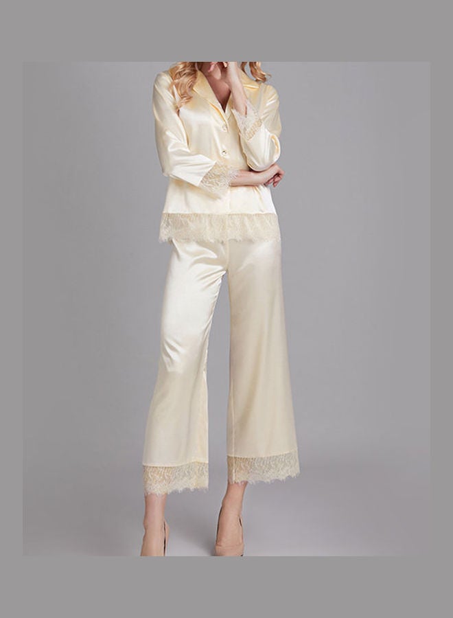 Lace Detail Top And Pyjama Set Yellow 