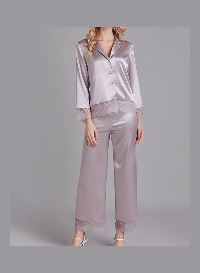 Lace Detail Top And Pyjama Set Purple 