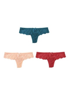 3-Piece Lacy And Bow Detailed Thong Set Multicolour