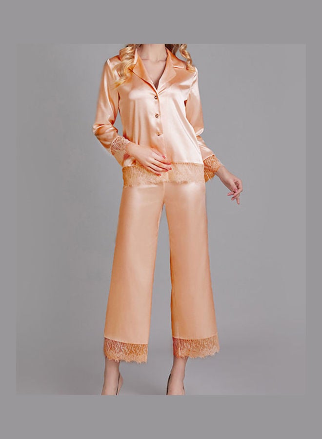 Lace Detail Top And Pyjama Set Orange  - Image 1