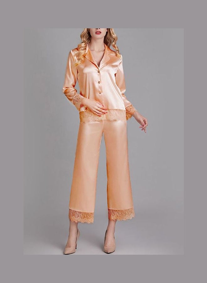 Lace Detail Top And Pyjama Set Orange  - Image 2