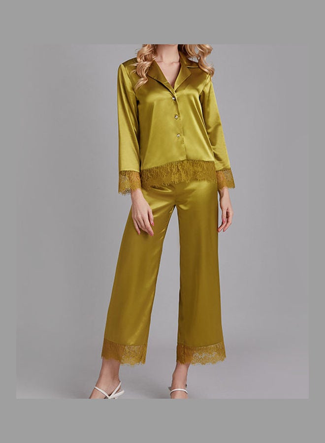 Lace Detail Top And Pyjama Set Green  - Image 1