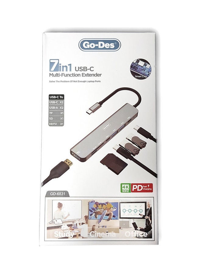 GO-DES 7 In 1 USB-C Multi-Function Extender Grey - Image 2