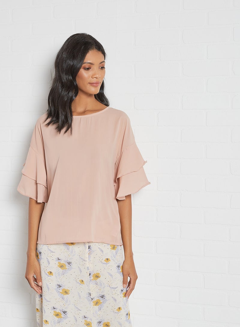 Aila Basic Frill Sleeve Top Beige - Image 1