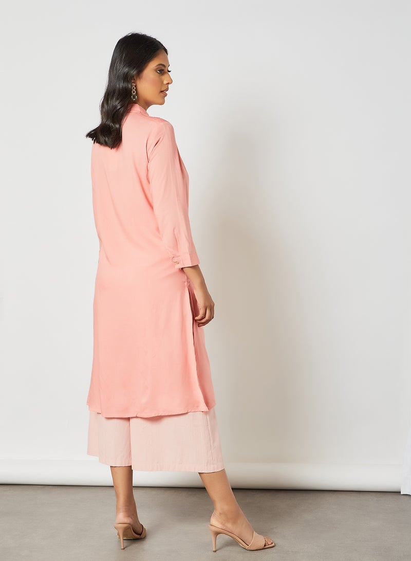 globaldesi - Collared Button-Up Kurta Pink - Image 1