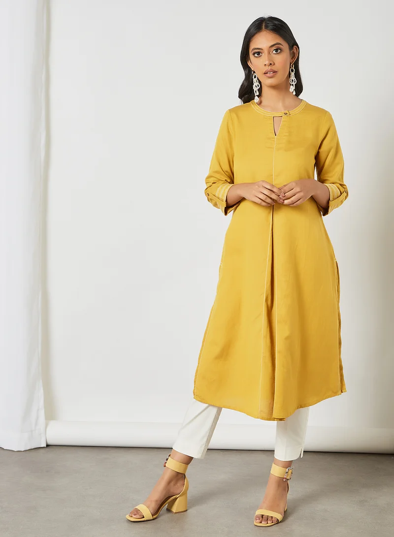 globaldesi Roll-Up Sleeve Kurta Mustard