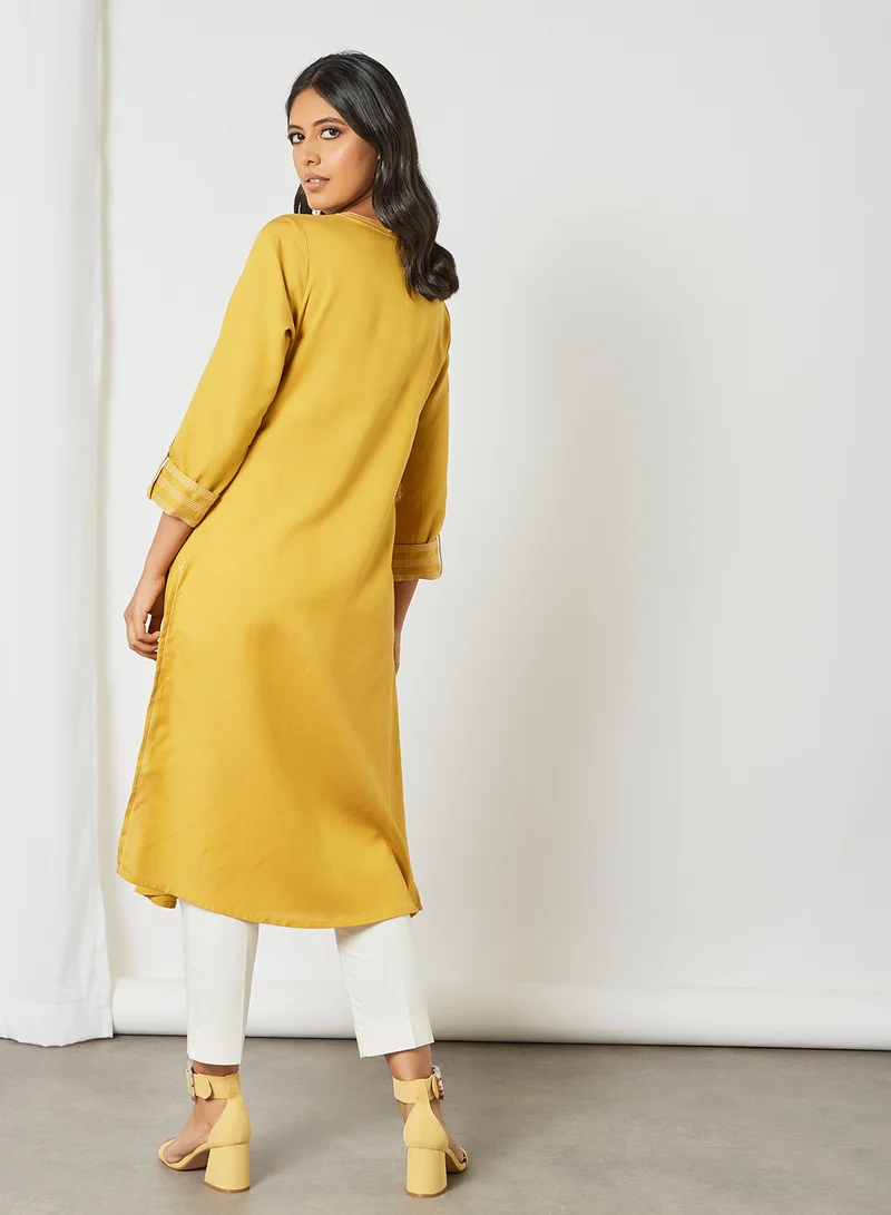 globaldesi Roll-Up Sleeve Kurta Mustard