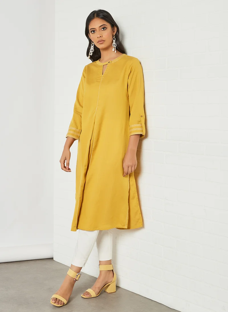 globaldesi Roll-Up Sleeve Kurta Mustard