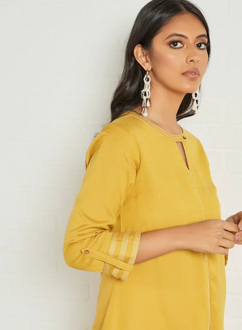 globaldesi Roll-Up Sleeve Kurta Mustard