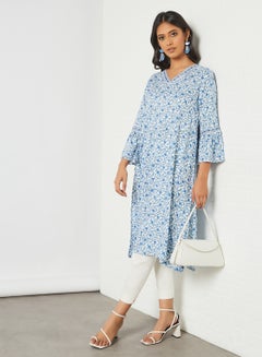 Printed Bell Sleeve Kurta Blue