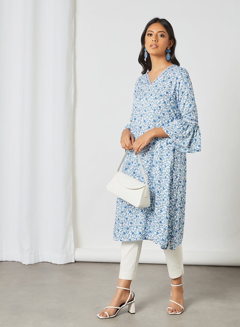 globaldesi - Printed Bell Sleeve Kurta Blue - Image 1