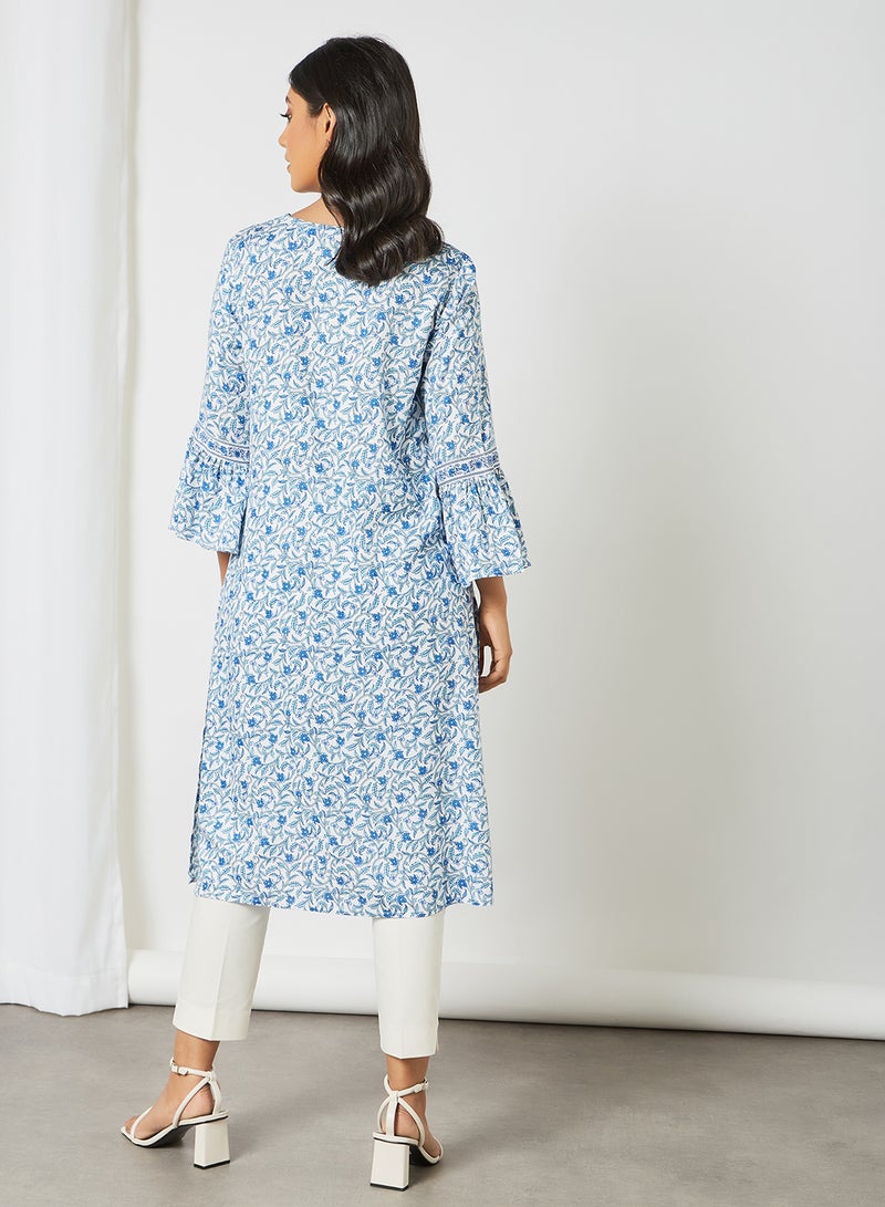 globaldesi - Printed Bell Sleeve Kurta Blue - Image 1