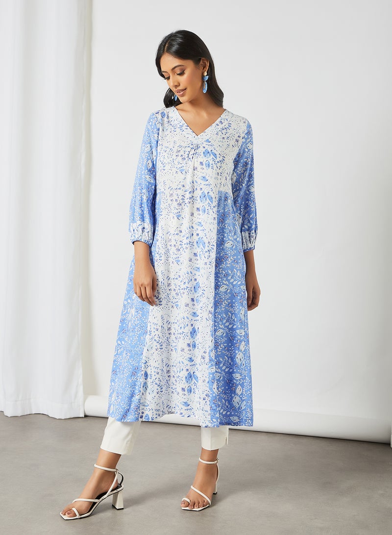 globaldesi Colourblock Printed Kurta Blue/White  - Image 4